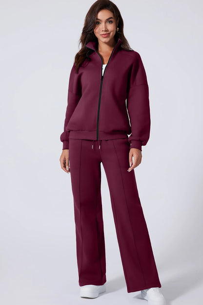 Burgundy Drop Shoulder Zip Up Jacket & Drawstring Wide-Leg Pants Active 2pcs Set