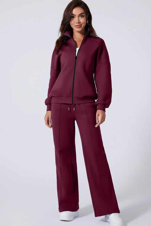 Burgundy Drop Shoulder Zip Up Jacket & Drawstring Wide-Leg Pants Active 2pcs Set