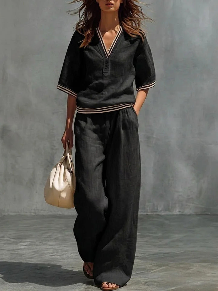 Cotton-Linen V-Neck Casual Comfortable Short-Sleeve Shirt And Pants Set