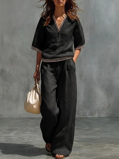 Cotton-Linen V-Neck Casual Comfortable Short-Sleeve Shirt And Pants Set