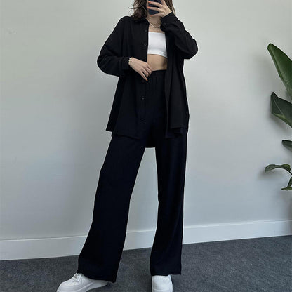 Women's Fashion Casual Temperament Pure Color Long-sleeved Shirt Wide-leg Trousers Two-piece Set