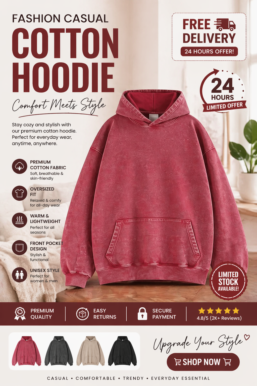 Fashion Casual Printed Cotton Hoodie Sweater – Oversized Streetwear Pullover, Comfortable Everyday Hoodie for Women & Men