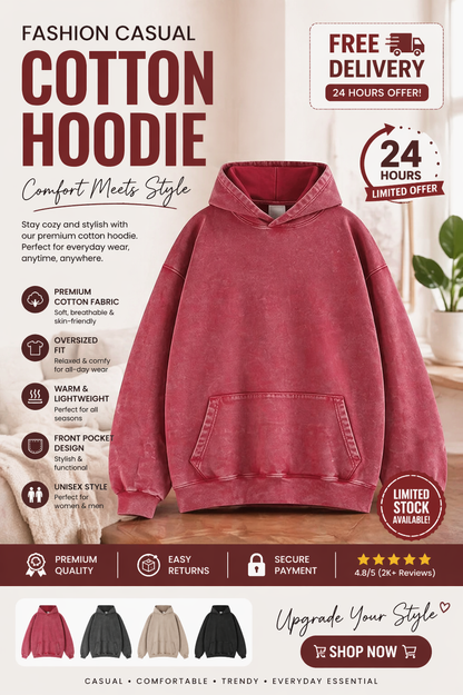 Fashion Casual Printed Cotton Hoodie Sweater – Oversized Streetwear Pullover, Comfortable Everyday Hoodie for Women & Men