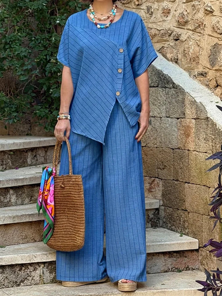 Striped Short-sleeve Shirt And Loose-fitting Pants Two-piece Set
