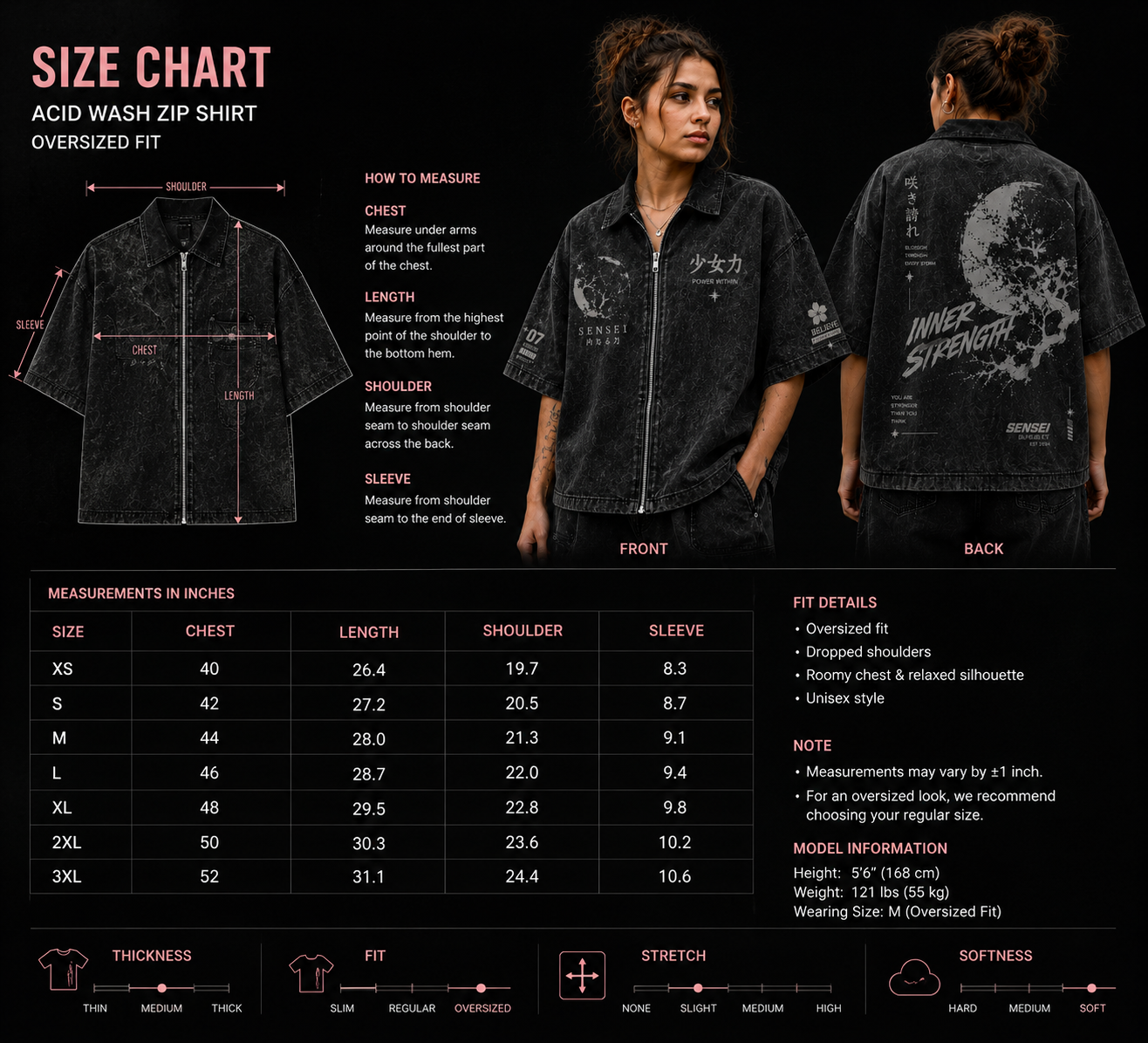 Sensei Inner Strength Acid Wash Oversized Zip Shirt – Japanese Streetwear Vintage Washed Tee