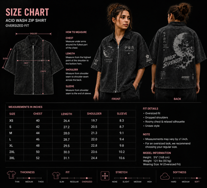 Sensei Inner Strength Acid Wash Oversized Zip Shirt – Japanese Streetwear Vintage Washed Tee