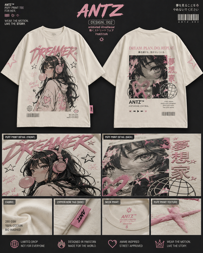 Dreamer Puff Print Tee – Anime Streetwear Oversized T-Shirt (Off-White/Pink)