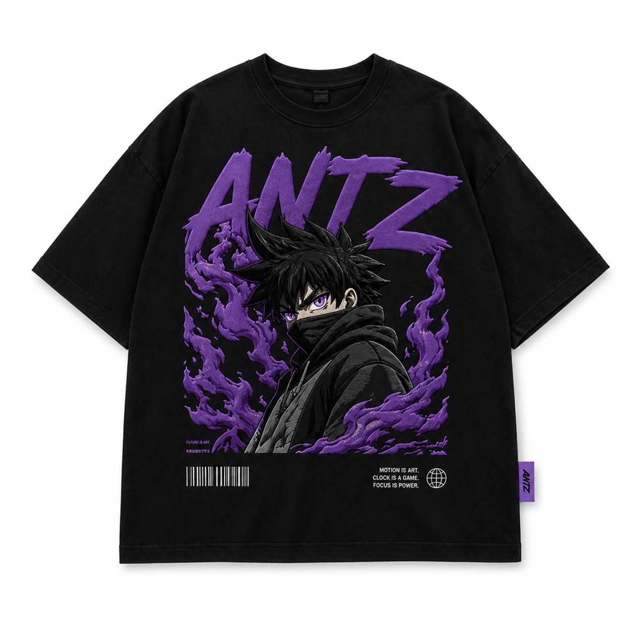Puff Print Tee – Anime Streetwear Oversized T-Shirt (Black/Purple)