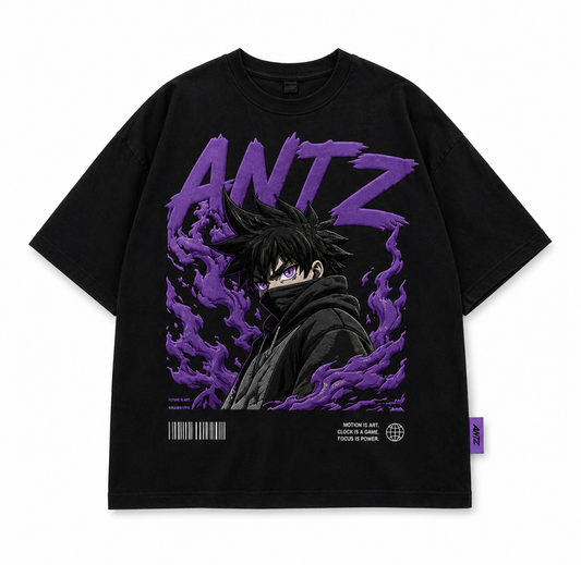 Puff Print Tee – Anime Streetwear Oversized T-Shirt (Black/Purple)