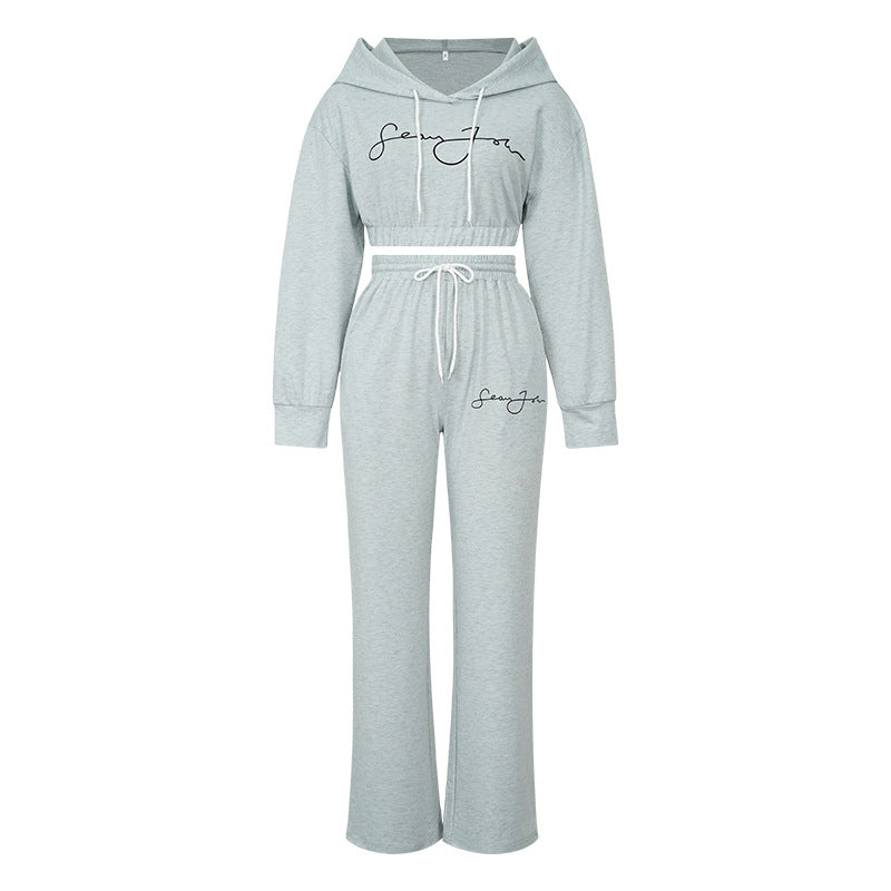 Letter Print Hooded Sweatshirt And Pants For Women