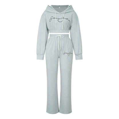 Letter Print Hooded Sweatshirt And Pants For Women