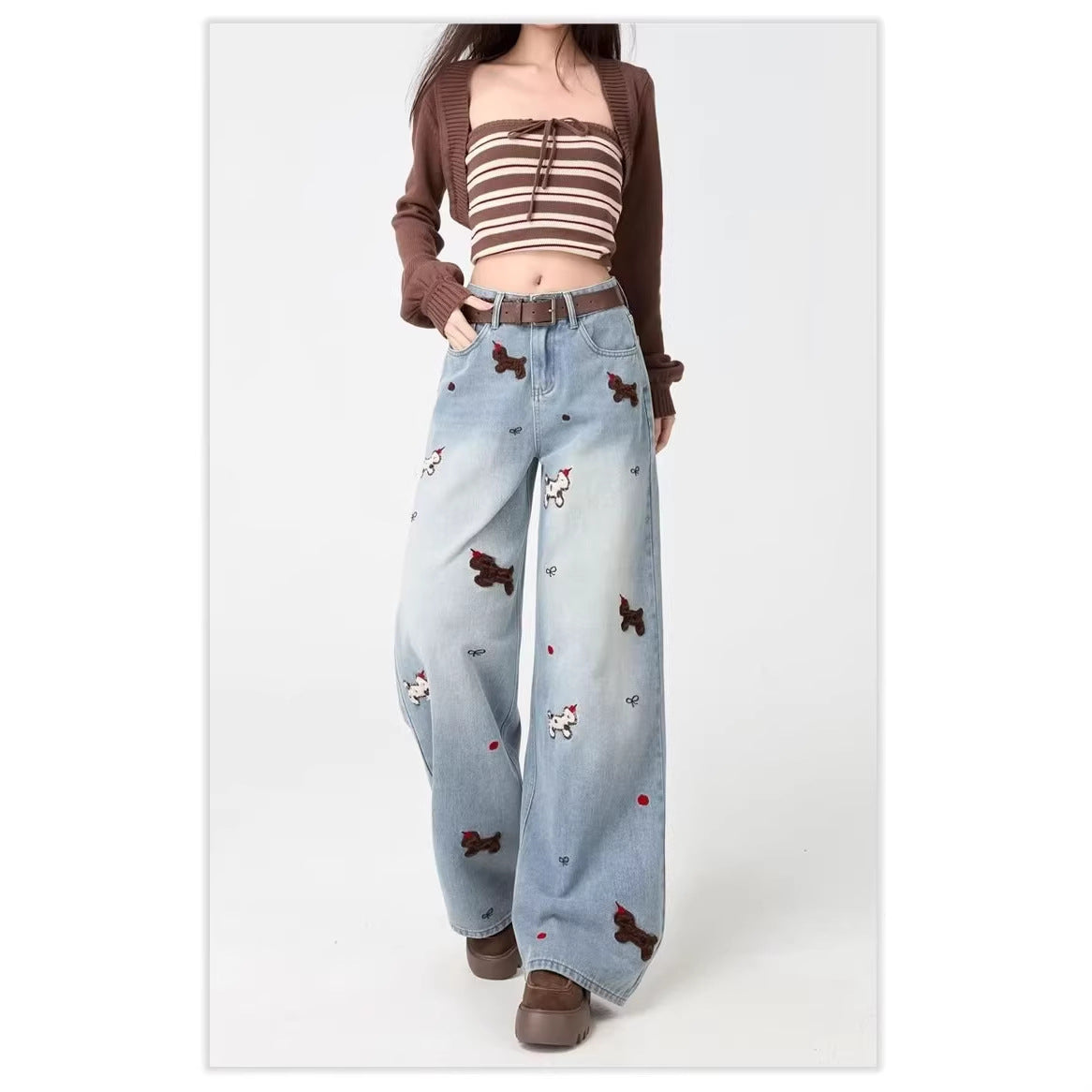 Fashionable Embroidered Wide-Leg Denim Jeans For Women