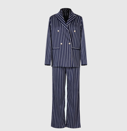 Elegant Striped Blazer & High Waist Pants Set