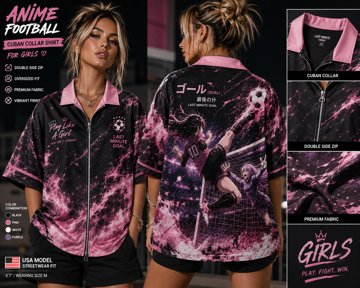 Anime Football Cuban Collar Shirt For Girls