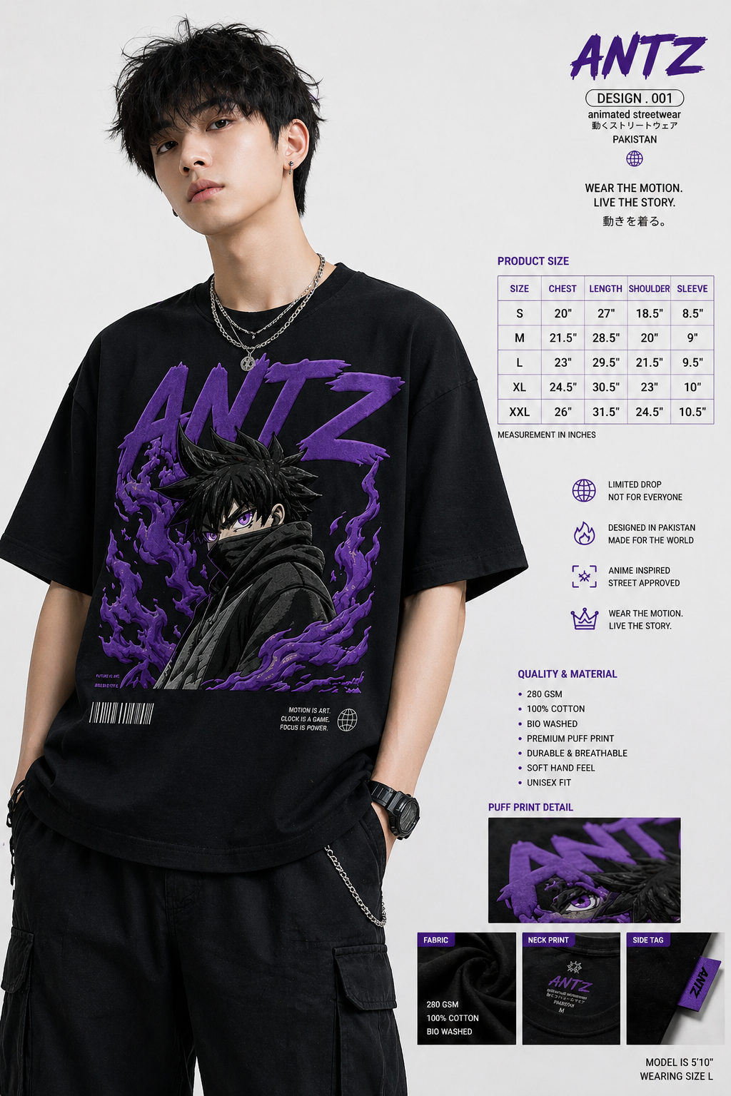 Puff Print Tee – Anime Streetwear Oversized T-Shirt (Black/Purple)