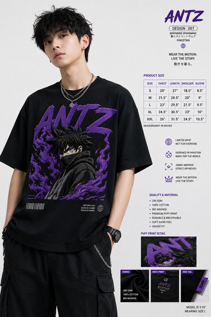 Puff Print Tee – Anime Streetwear Oversized T-Shirt (Black/Purple)