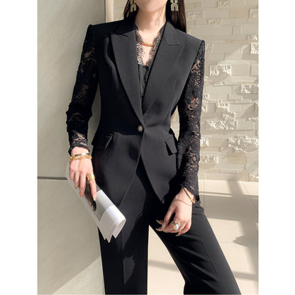 One Button Lace Panelled Blazer And Trousers Two Piece Set