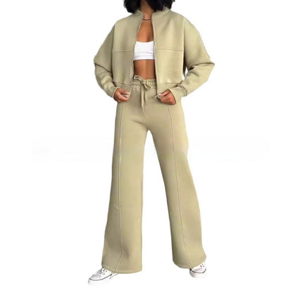 Womens Solid-Color Casual Sweatshirt Set