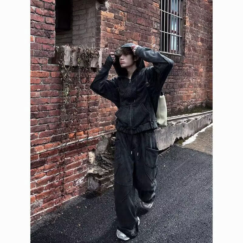 Niche Heavy Industry Washed Distressed Hooded Zipper Sweatshirt Casual Pants