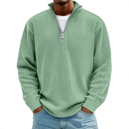 Corduroy Zipper Stand Collar Sweatshirt Fashion Warm Solid Color Long Sleeve Top Men's Casual Polo Shirt Clothing